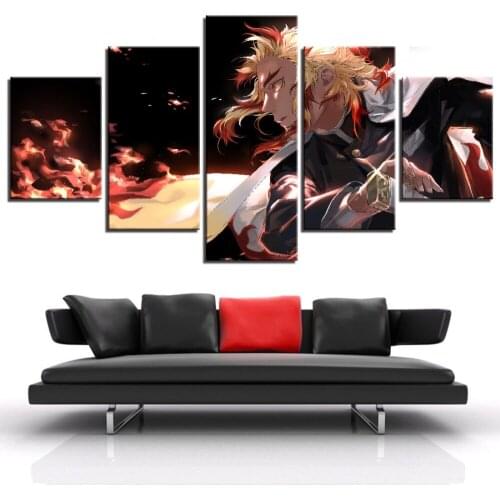 5 Panels HD Anime Boy Picture Rengoku Kyoujurou Demon Slayer Kimetsu No Yaiba Poster Animation Art Wall Decor Paintings