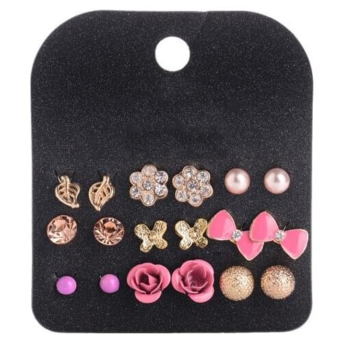 9 Pairs/Set New Fashion Kids/Children Jewelry Cute Pink Enamel Bowknot Shaped Stud Earring Set Mixed Piercing Earring