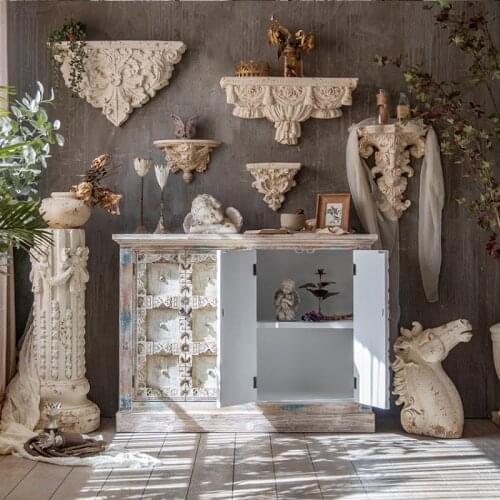 White hand carved retro vintage wood wall shelf