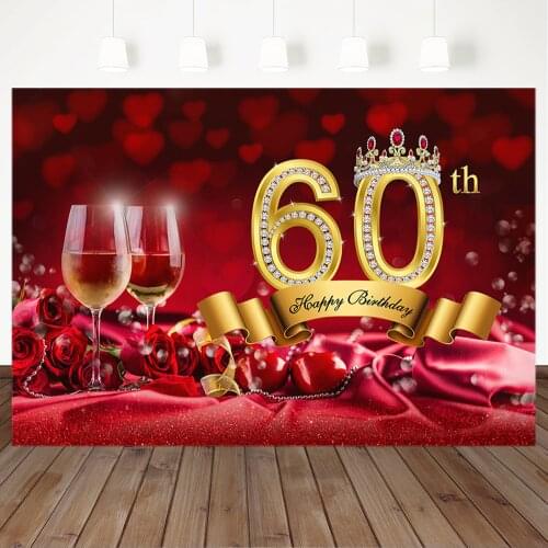 Happy 60th Birthday Backdrop Red Rose Champagne Sixty Birthday Photography Background Ruby Golden Crown Party Banner Backdrops