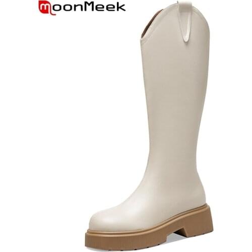 MoonMeek Hot Sale New Arrival Cowhide Shoes Zipper Flat With Knee High Boots Comfortable Winter Women Boots Concise Hand Made