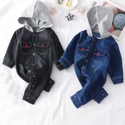 IYEAL Newborn Baby Boy Hooded Romper Cotton Long Sleeve Denim Blue Black Jumpsuit With Pockets Children Toddler Outfits 3-18M