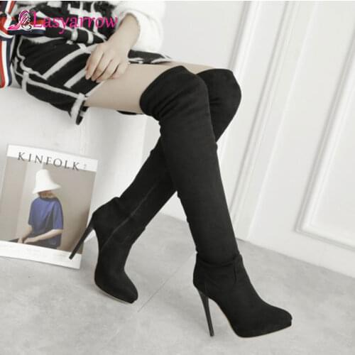 Lasyarrow autumn winter hot sale over the knee shoes pointed toe striped thin high heel fashion boots nubuck leather shoes RM073