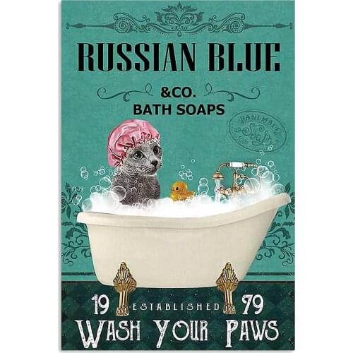 Russian Blue Cat Metal Poster Co. Bath Soaps Wash Your Paws Tin Signs Cafe Living Room Bathroom Kitchen Home Art Wall Decor