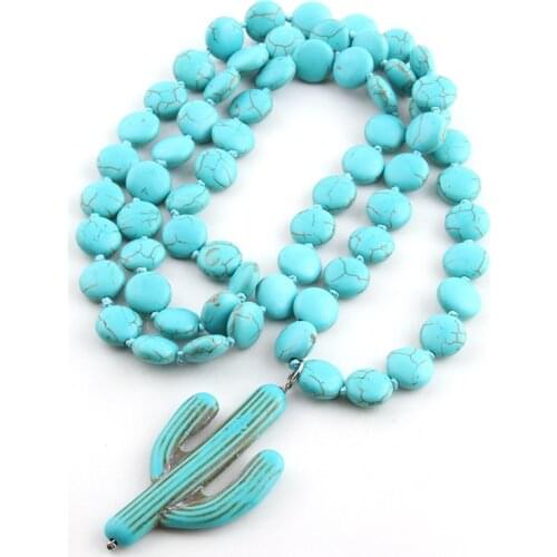 Fashion Knotted Flat White & TurquoiseStone Ethnic Cactus Necklace Bohemian Tribal Jewelry