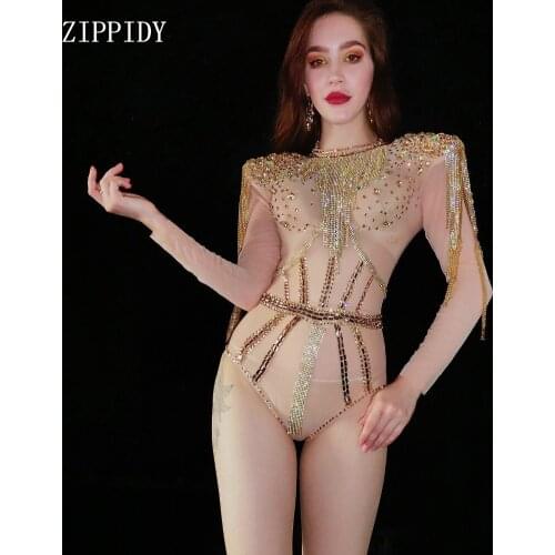 Fashion Gold Fringes Beading Bodysuit Dance Outfit Evening Stage Sexy Mesh Rhinestones Costume Bar Women Singer Leotard