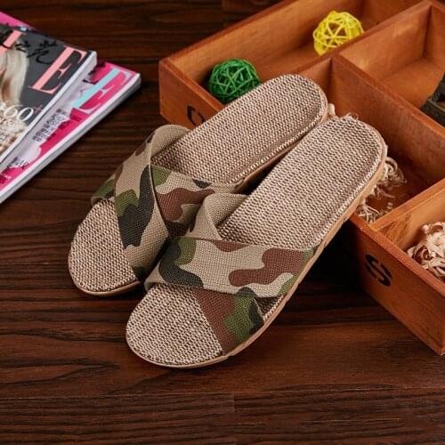 Mens Summer Flax Slippers Ladies/Male Camouflage Linen Slides Indoor Cross Bathroom Home Shoes Womens/Man Beach Flip Flops Big