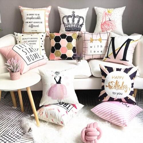 Nordic Style Pink Ballet Girl Cushion Cover Decor Cartoon Simple Queen Pillow Case for Sofa Super Soft Short Plush Pillowcase