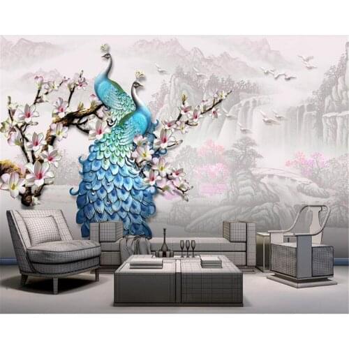 Beibehang wallpaper for walls 3 d Custom new Chinese three-dimensional embossed blue Peacock magnolia wallpaper background wall