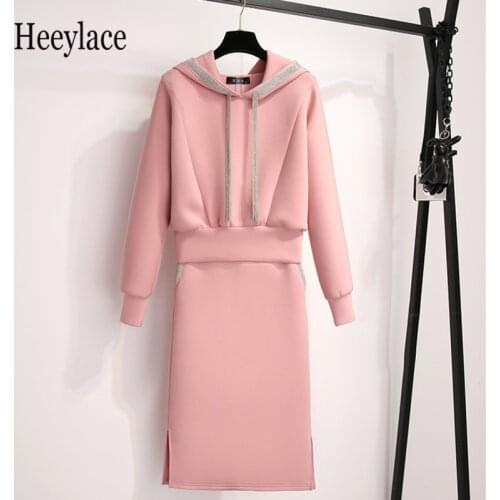 2021 autumn winter office ladies long sleeve hooded pullover sweatshirt and long skirt set for women pink elegant Two-piece set
