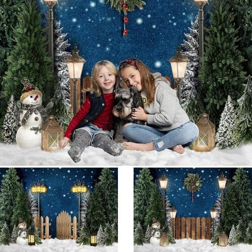 Christmas Snow Night Portrait Backdrop Winter Pine Forest Kids Birthday Cake Smash Background Lamp Fence Snowman Photography