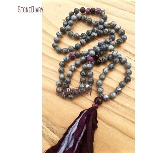 Mix Stone Raw Scenery Jaspers Garnet Beads Necklace Silk Sari Tassel Root and Heart Chakra Mala 108 Beads Necklace NM11084