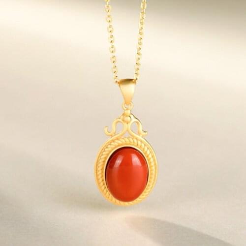 South Red S925 Sterling Silver Pendant Natural Hetian Jade National Fashion Natural Agate Stone Pendant Clavicle Chain Jewelry