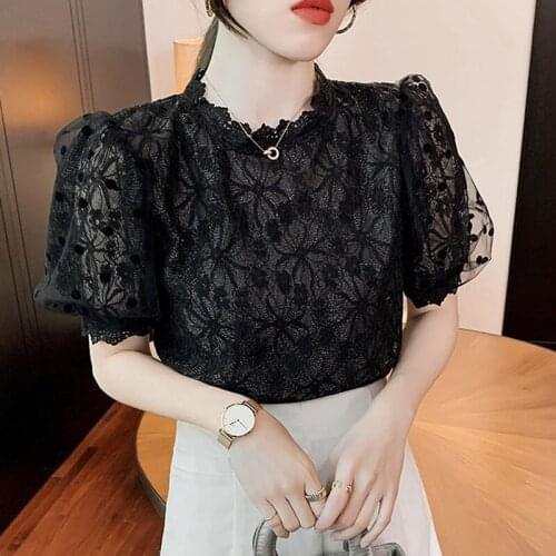 Vetement Femme 2021 Summer French Mesh Splicing Blusas Shirt Sweet Black Short Sleeve Blouses for Women Tops Ladies White 0667