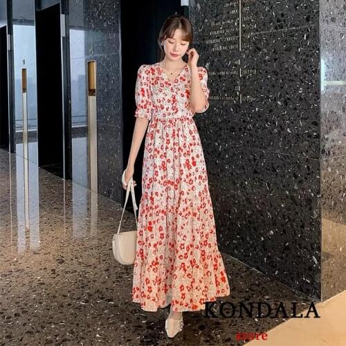 KONDALA Za Women Sundress Red Floral Printed Shirt Elastic Waist Long Dress Streetwear V-Neck Puff Sleeve Vintage Mujer Vestidos
