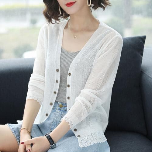 Women 2020 Summer Thin Knit Sweater Cardigan Air Conditioner Sunscreen V-Neck Long Sleeve Female Hollow Out Knitwear Coat G160