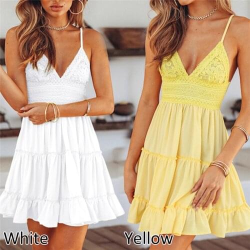 Summer White Lace Halter Dress for Women Plus Size Solid Backless Beach Dresses Deep V-Neck Sleeveless Spaghetti Strap Sundress