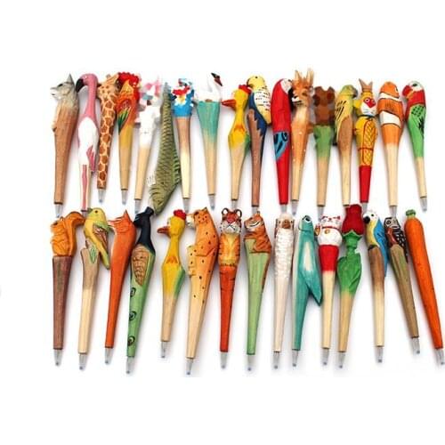 100 pcs/lot Creative Carved Wooden Animal Pen BallPoint Stationery Hand Painted Vintage Wood pens Back To School Party Favors SN
