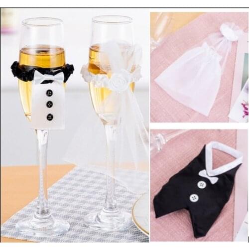 2Pcs/Lot Wedding Bride Groom Dress Wine Cups Wraps Champagne Glass Bottles Cover Wedding Party Events DIY Decoration Ornaments