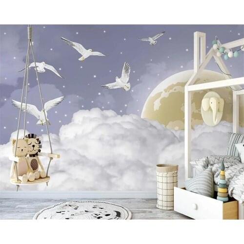 Beibehang Customize new Nordic hand-painted fantasy purple starry sky bird princess papier peint children background wallpaper