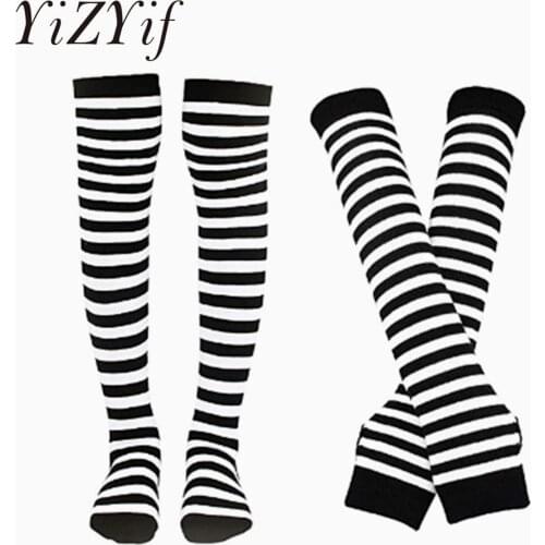 Women Girls Over Knee Long Stripe Arm Warmer Glove Set Sweet Cute Thigh High Striped Cotton Overknee Socks Fingerless Wristband