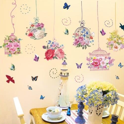 Colorful Flowers Birdcage Butterfly Wall Sticker Kids Rooms Stickers Muraux Home Decor Removable Vinyl Wallpaper Decals