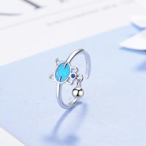 Creative Beautiful Fashion Simple Cute Animal 925 Sterling Silver Jewelry Blue Cat Ball Crystal Exquisite Opening Rings SR370