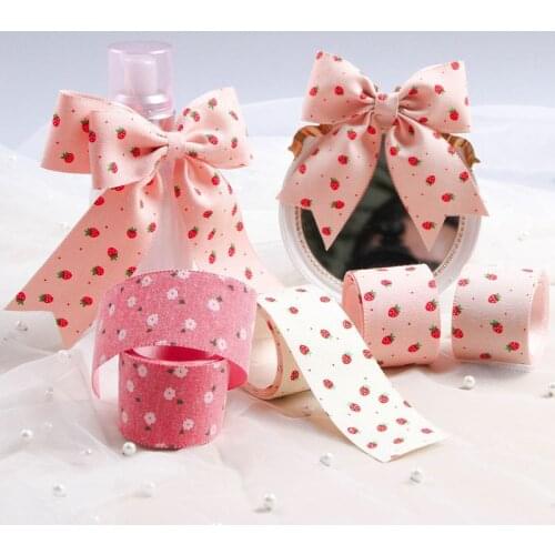 10Yards 1" 25MM/1.5" 38MM Single Strawberry Flower Printing Imitating Cotton Linen Ribbons Hair Bows DIY Gift Packaging Party