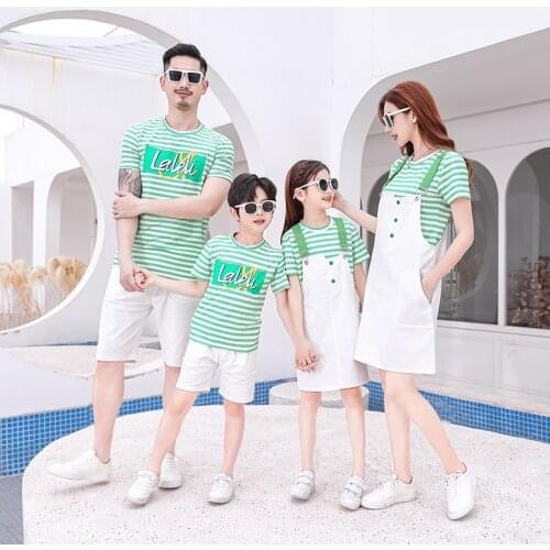 Summer Family Matching Outfits Mom Girls Green Stripe T-Shirt+White Strap Skirt Sets Father Boy T-Shirt+Shorts 2PCS Suit Clothes