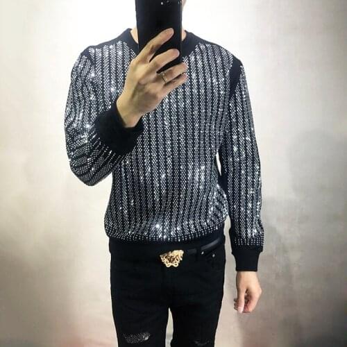 Ironing 2020 Autumn Men And Women Rhinestone Striped Round Neck Pullover Long Sleeve Shiver Sound Guard Clothes