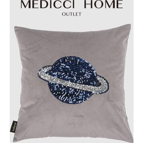 Medicci Home Cushion Cover Planet Sequin Beaded Embroidered Living Room Sofa Throw Pillow Case Retro Style Velvet Multi-Color