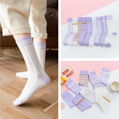 1 pair Spring and autumn purple medium tube Korean version taro purple cute stripe cotton socks womens purple checked socks
