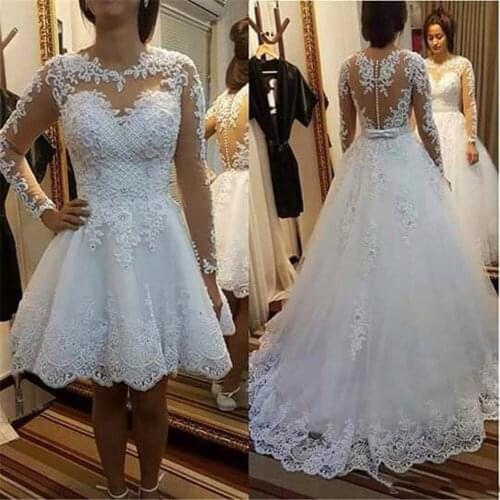 YIWUMENSA Luxury 2 In 1 Wedding Dress O Neck Nude Tulle Long Sleeves Lace Appliques Beads Pearls Bridal Gowns With Moved Train