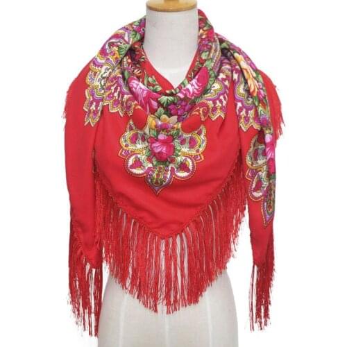 NEW Luxury Brand for Woman Print Scarf Russian Ethnic Style Cotton Flower Pattern Tassel Winter Warm Square Blanket Scarf Shawl