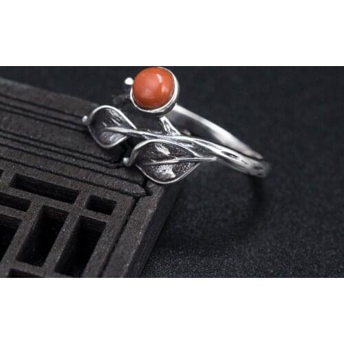 Real 925 Sterling Silver open Ring Vintage Chinese style ring female personality court cold wind bracelets do old leaf red ring