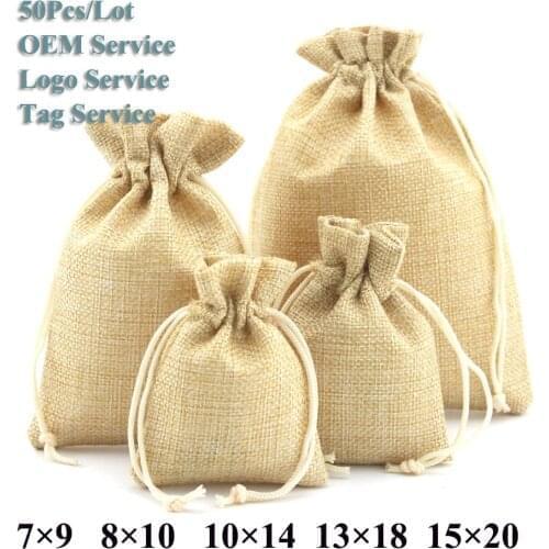 Grains Storage Bags 50Pcs/Lot 15x20 Multi Color Natural Burlap Wedding Candy Cookies Pouch Jute Drawstring Lash Bags