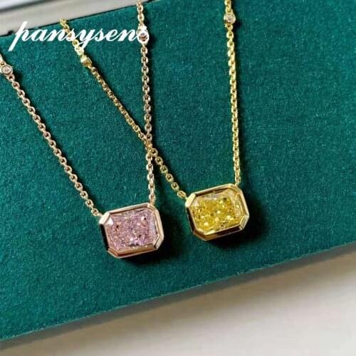 PANSYSEN 925 Sterling Silver Sparking 2ct Citrine Sapphite Gemstone Pendant Necklaces for Women 18K Gold Color Fine Jewelry Gift