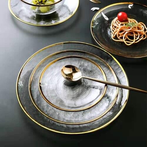 Western Transparent Flat Glass Plates Dessert Salad Bow Ins Style with Glod Rim Dish Decorative Salad Fruit Wedding Dinner