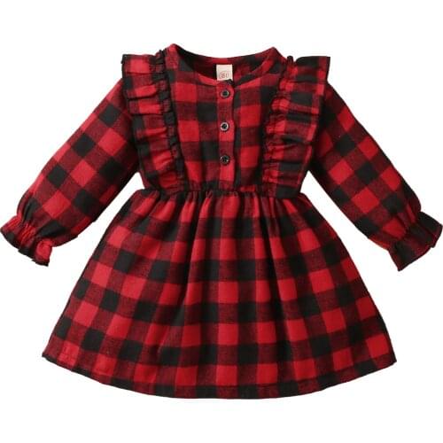 Christmas Little Girls Breathable Dress Children Plaid Lace Decoration Round Collar Long Sleeve Front Button Princess Skirt