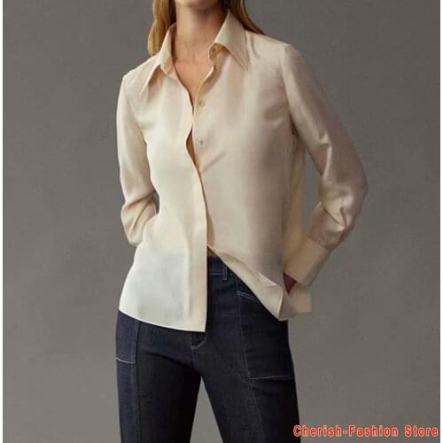 Autumn Fashion Button Up Satin Silk Shirt Vintage Blouse Women Beige Wine Red Pink Lady Long Sleeves Female Loose Street Shirts