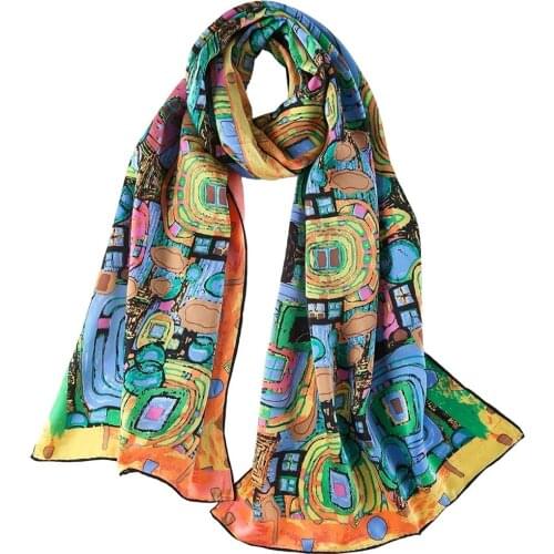Womens 100% Luxurious Long Silk Scarf Oil Painting Arts Printing Summer Scarfs Shawl Classical Accessories
