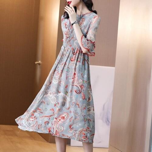 Silk dress 2021 spring and summer new printing European fashion western style silk dress