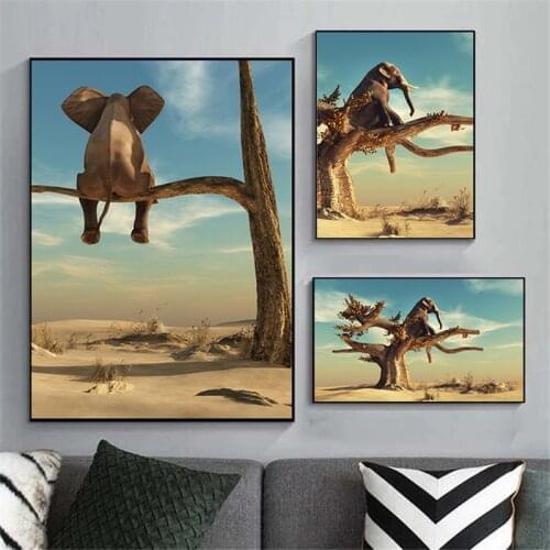 Funny Art Elephant Sit on Tree Branch Canvas Posters and Prints Animal Wall Art Painting Nordic Decor Pictures For Home Design
