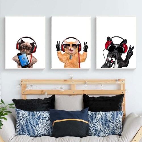 Funny Animal Wearing Headphones Wall Art Poster Cute Cat Dog Canvas Print Painting Nordic Kids Baby Room Decoration Pictures