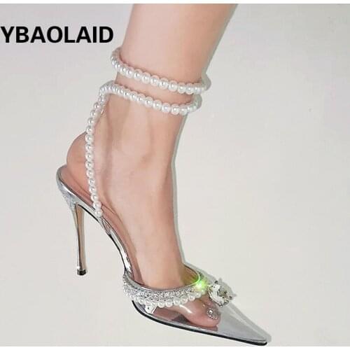 Pearl Rhinestone High Heel Sandals and Slippers 2021 Summer Transparent Baotou Fashion Pointed Rhinestone Pearl Chain Sandals