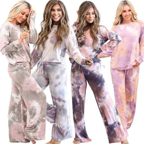 Women Autumn Loungewear O Neck Long Sleeve Casual Loose Tops And Wide Leg Pants Homewear Pajama Sets Soft Tie-dye Print Pyjama