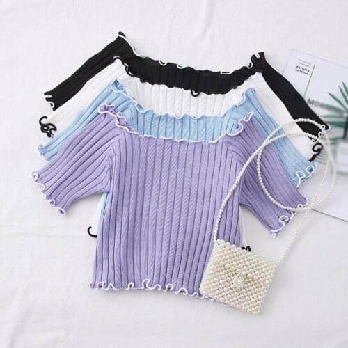 Women Slash Neck T-Shirts Short Sleeve Knitted Ruffles Crop Top Summer Tee Shirts Sweet Tops