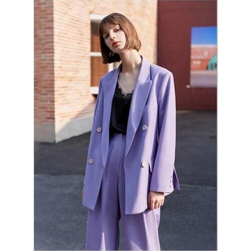 Oversize Lavender Women Pantsuits Autumn 2 Buttons Blazer+ Wide Zipper Long Pants Officer Lady Trousers Suits Custom Made