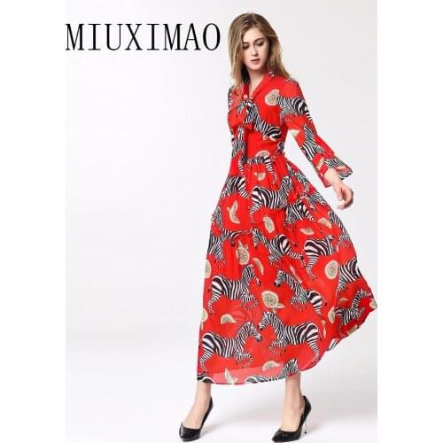 Europe Fashion 2019 Spring Latest Elegant A-Line Bow Collar Full Sleeve Animal Print Fashion Ankle-Length Long Dress Women
