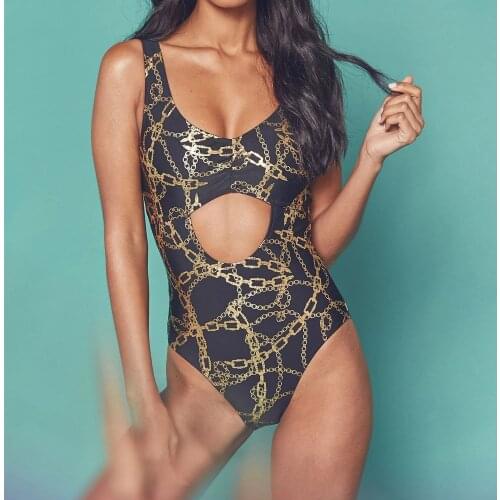 Vest Backless Swimsuit One Piece Hollow Out Chain Print Sexy City Casual Swimsuit Triangle Bikini High Elastic Tight